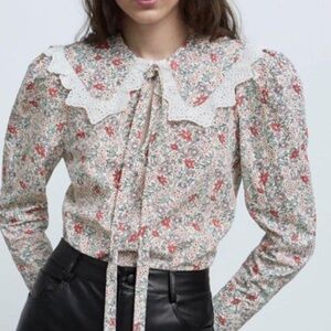 Zara Floral Poplin Puffy Sleeve Collared with Tie Blouse